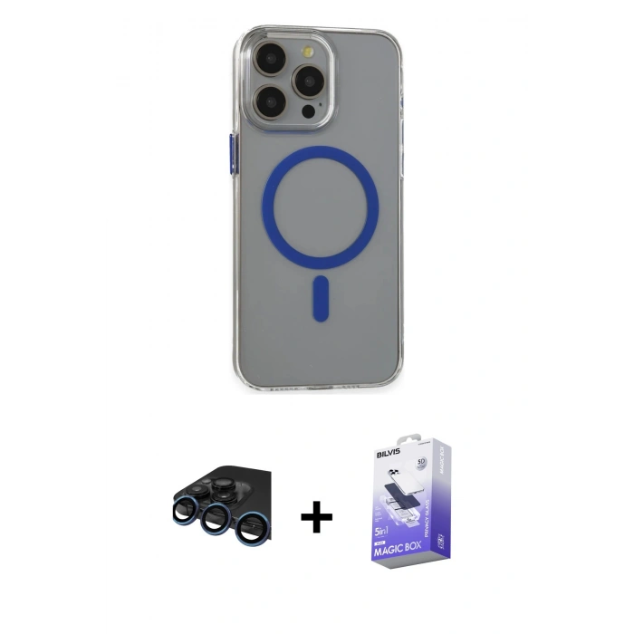 MARSİLYAN™- iPhone 15 Pro Max Kılıf Odak Form Özel Seri - Siyah Bilvis 5in1 5D Magic Hayalet Cam Ekran Koruyucu + Raze Metal Kamera Lens - LT