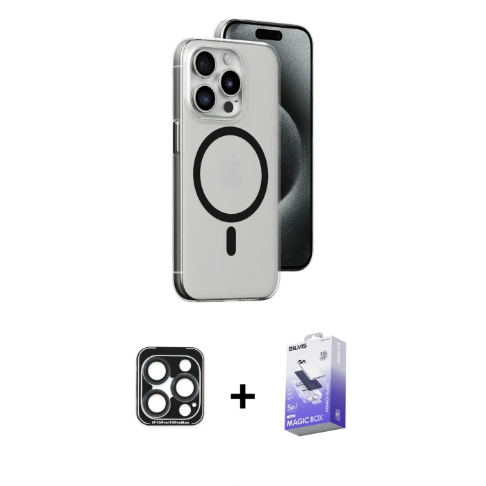 MARSİLYAN™- iPhone 15 Pro Max Kılıf Odak Form Özel Seri - Siyah Bilvis 5in1 5D Magic Hayalet Cam Ekran Koruyucu + PVD Metal Kamera Lens - LT