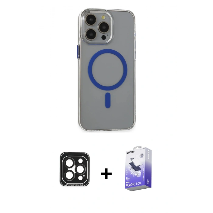 MARSİLYAN™- iPhone 15 Pro Max Kılıf Odak Form Özel Seri - Siyah Bilvis 5in1 5D Magic Hayalet Cam Ekran Koruyucu + PVD Metal Kamera Lens - SH