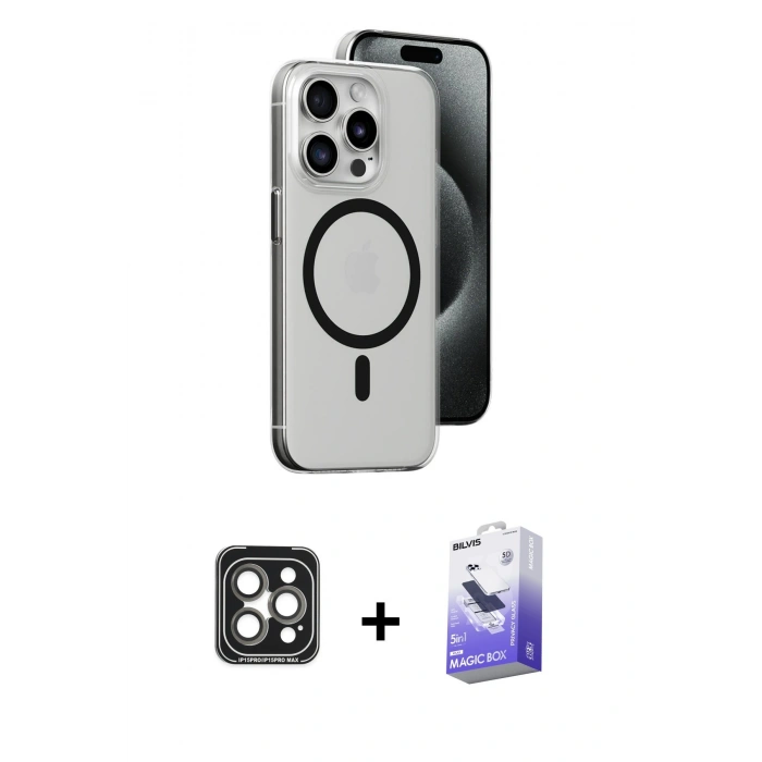 MARSİLYAN™- iPhone 15 Pro Max Kılıf Odak Form Özel Seri - Siyah Bilvis 5in1 5D Magic Hayalet Cam Ekran Koruyucu + PVD Metal Kamera Lens - GI