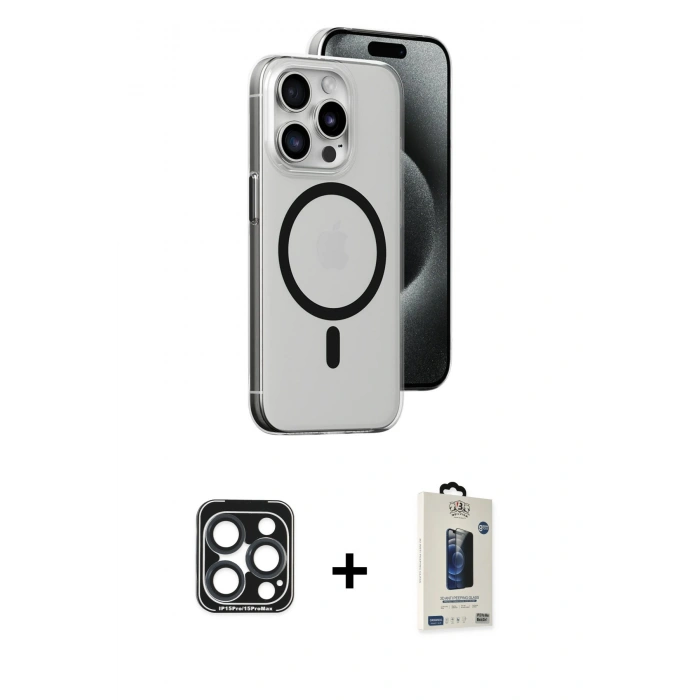 MARSİLYAN™- iPhone 15 Pro Max Kılıf Odak Form Özel Seri - Siyah Bilvis Hayalet Cam Ekran Koruyucu + PVD Metal Kamera Lens - LT
