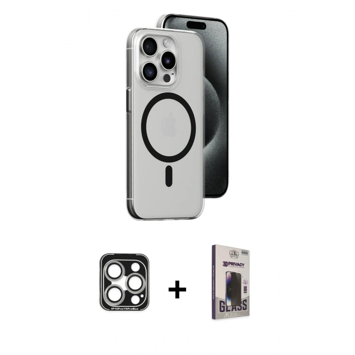MARSİLYAN™- iPhone 15 Pro Max Kılıf Odak Form Özel Seri - Siyah Bilvis Hayalet Cam Ekran Koruyucu + PVD Metal Kamera Lens - GS