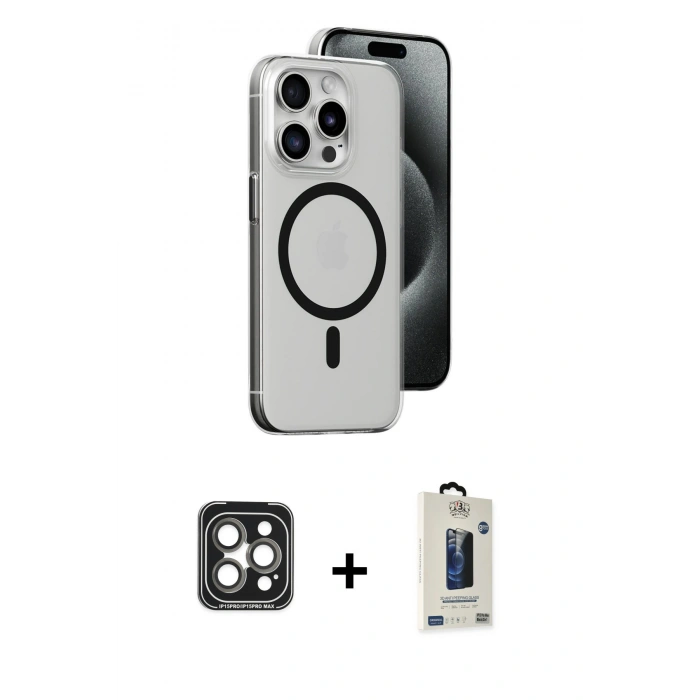 MARSİLYAN™- iPhone 15 Pro Max Kılıf Odak Form Özel Seri - Siyah Bilvis Hayalet Cam Ekran Koruyucu + PVD Metal Kamera Lens - GI