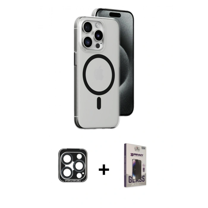 MARSİLYAN™- iPhone 15 Pro Max Kılıf Odak Form Özel Seri - Siyah Bilvis Hayalet Cam Ekran Koruyucu + PVD Metal Kamera Lens - LT