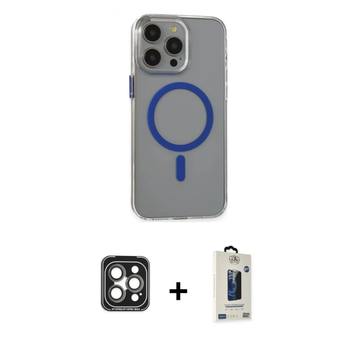 MARSİLYAN™- iPhone 15 Pro Max Kılıf Odak Form Özel Seri - Siyah Bilvis Hayalet Cam Ekran Koruyucu + PVD Metal Kamera Lens - GI