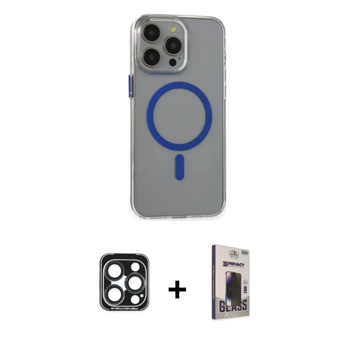 MARSİLYAN™- iPhone 15 Pro Max Kılıf Odak Form Özel Seri - Siyah Bilvis Hayalet Cam Ekran Koruyucu + PVD Metal Kamera Lens - LT