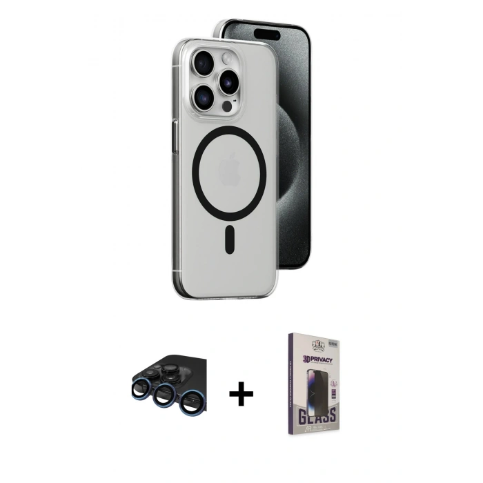 MARSİLYAN™- iPhone 15 Pro Max Kılıf Odak Form Özel Seri - Siyah Bilvis Hayalet Cam Ekran Koruyucu + Raze Metal Kamera Lens - LT