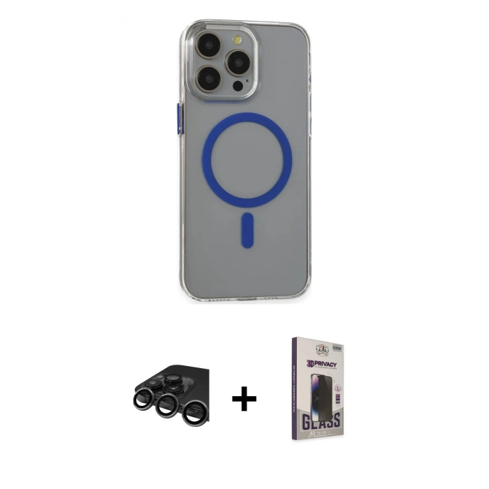 MARSİLYAN™- iPhone 15 Pro Max Kılıf Odak Form Özel Seri - Siyah Bilvis Hayalet Cam Ekran Koruyucu + Raze Metal Kamera Lens - TMGI
