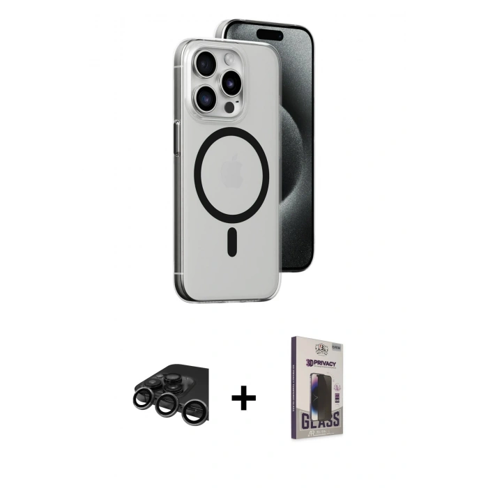 MARSİLYAN™- iPhone 15 Pro Max Kılıf Odak Form Özel Seri - Siyah Bilvis Hayalet Cam Ekran Koruyucu + Raze Metal Kamera Lens - TMGI