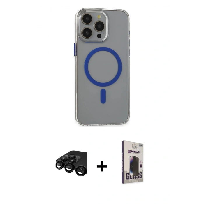 MARSİLYAN™- iPhone 15 Pro Max Kılıf Odak Form Özel Seri - Siyah Bilvis Hayalet Cam Ekran Koruyucu + Raze Metal Kamera Lens - SH