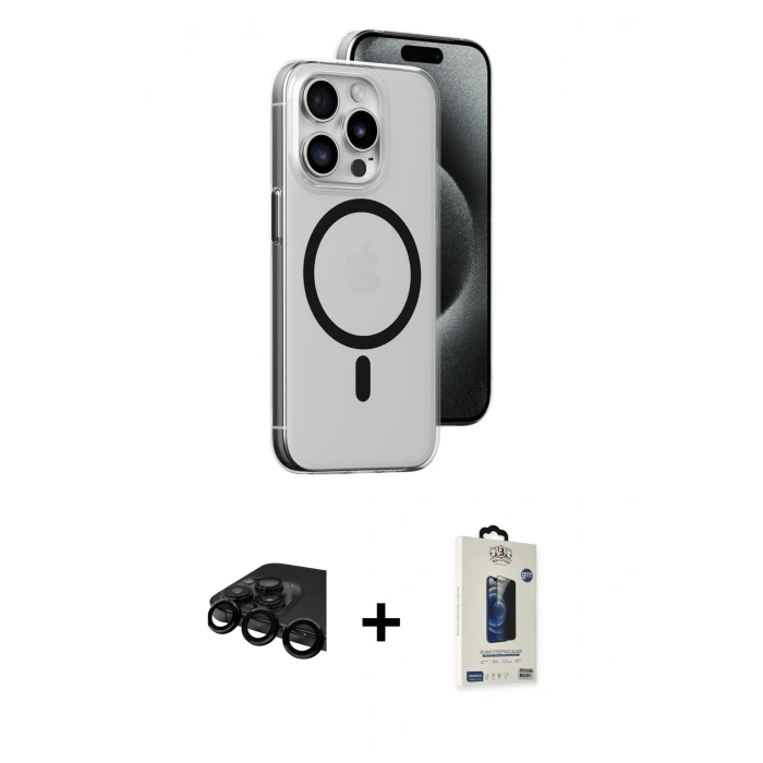 MARSİLYAN™- iPhone 15 Pro Max Kılıf Odak Form Özel Seri - Siyah Bilvis Hayalet Cam Ekran Koruyucu + Raze Metal Kamera Lens - SH