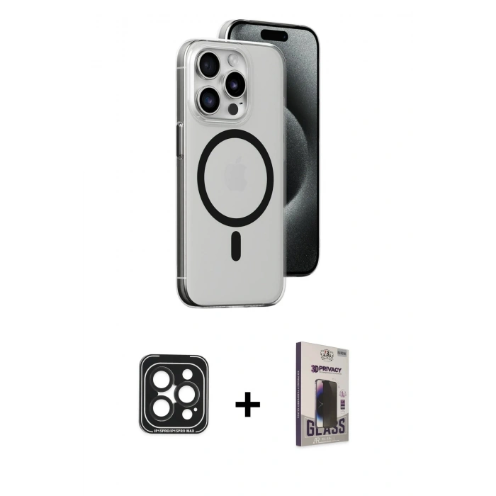MARSİLYAN™- iPhone 15 Pro Max Kılıf Odak Form Özel Seri - Siyah Bilvis Hayalet Cam Ekran Koruyucu + Siyah PVD Metal Kamera Lens