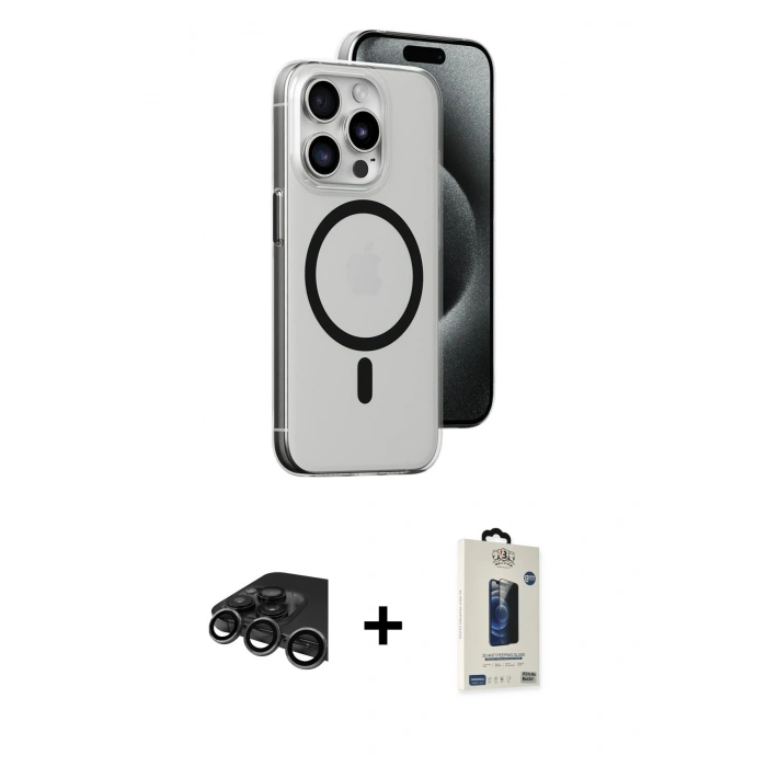 MARSİLYAN™- iPhone 15 Pro Max Kılıf Odak Form Özel Seri - Siyah Bilvis Hayalet Cam Ekran Koruyucu + Raze Metal Kamera Lens - TMGI