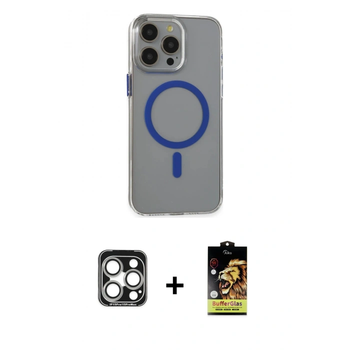 MARSİLYAN™- iPhone 15 Pro Max Kılıf Odak Form Özel Seri - Siyah Buffer Cam Ekran Koruyucu + PVD Metal Kamera Lens - GS