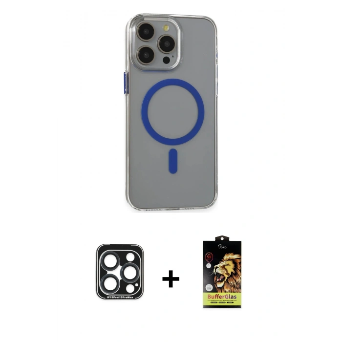 MARSİLYAN™- iPhone 15 Pro Max Kılıf Odak Form Özel Seri - Siyah Buffer Cam Ekran Koruyucu + PVD Metal Kamera Lens - LT