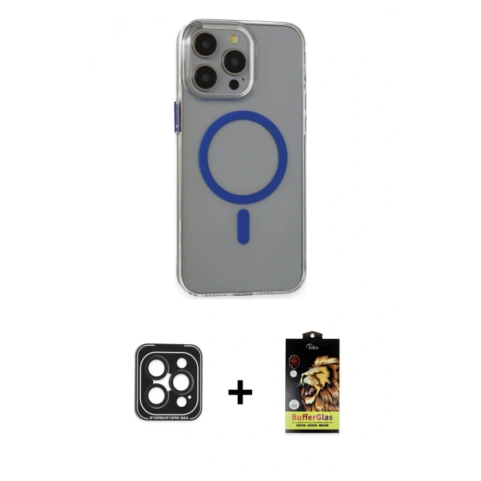 MARSİLYAN™- iPhone 15 Pro Max Kılıf Odak Form Özel Seri - Siyah Buffer Cam Ekran Koruyucu + Siyah PVD Metal Kamera Lens