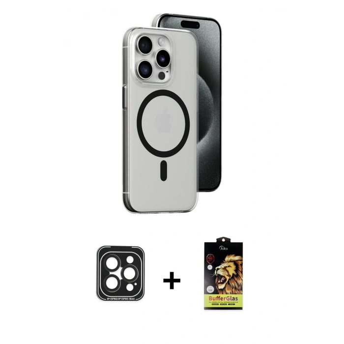 MARSİLYAN™- iPhone 15 Pro Max Kılıf Odak Form Özel Seri - Siyah Buffer Cam Ekran Koruyucu + Siyah PVD Metal Kamera Lens