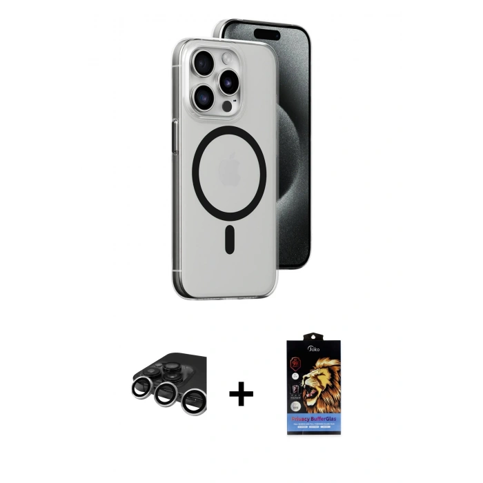 MARSİLYAN™- iPhone 15 Pro Max Kılıf Odak Form Özel Seri - Siyah Buffer Hayalet Cam Ekran Koruyucu + Raze Metal Kamera Lens - GS