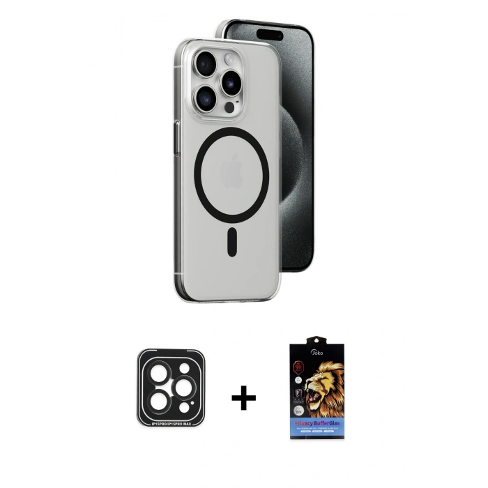 MARSİLYAN™- iPhone 15 Pro Max Kılıf Odak Form Özel Seri - Siyah Buffer Hayalet Cam Ekran Koruyucu + PVD Metal Kamera Lens - SH