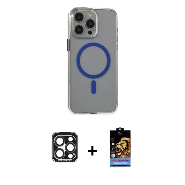 MARSİLYAN™- iPhone 15 Pro Max Kılıf Odak Form Özel Seri - Siyah Buffer Hayalet Cam Ekran Koruyucu + PVD Metal Kamera Lens - LT