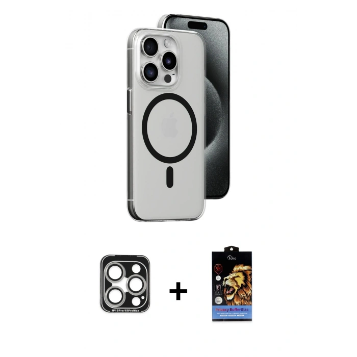 MARSİLYAN™- iPhone 15 Pro Max Kılıf Odak Form Özel Seri - Siyah Buffer Hayalet Cam Ekran Koruyucu + PVD Metal Kamera Lens - GS