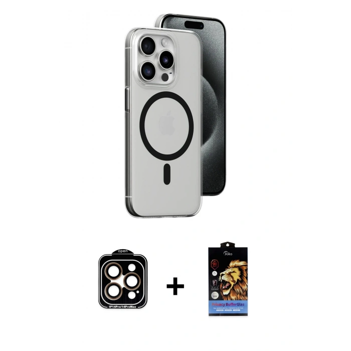 MARSİLYAN™- iPhone 15 Pro Max Kılıf Odak Form Özel Seri - Siyah Buffer Hayalet Cam Ekran Koruyucu + PVD Metal Kamera Lens - TU