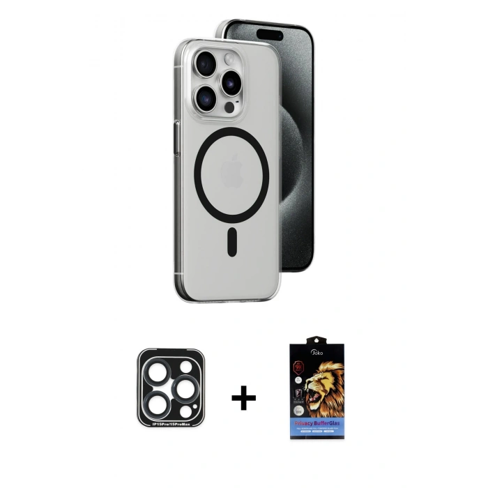 MARSİLYAN™- iPhone 15 Pro Max Kılıf Odak Form Özel Seri - Siyah Buffer Hayalet Cam Ekran Koruyucu + PVD Metal Kamera Lens - LT