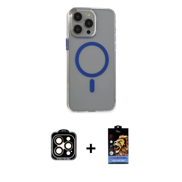 MARSİLYAN™- iPhone 15 Pro Max Kılıf Odak Form Özel Seri - Siyah Buffer Hayalet Cam Ekran Koruyucu + PVD Metal Kamera Lens - TU
