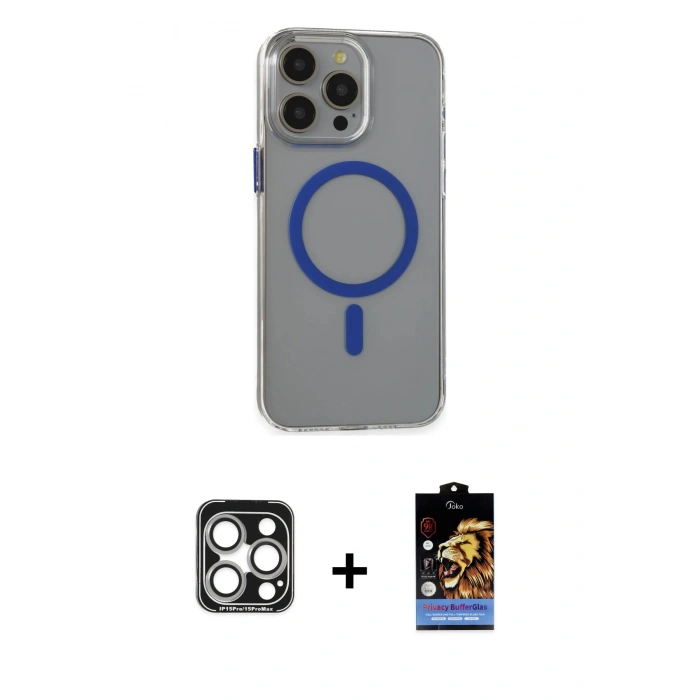 MARSİLYAN™- iPhone 15 Pro Max Kılıf Odak Form Özel Seri - Siyah Buffer Hayalet Cam Ekran Koruyucu + PVD Metal Kamera Lens - GS