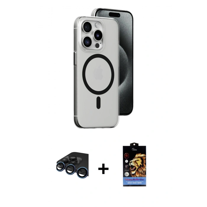 MARSİLYAN™- iPhone 15 Pro Max Kılıf Odak Form Özel Seri - Siyah Buffer Hayalet Cam Ekran Koruyucu + Raze Metal Kamera Lens - LT