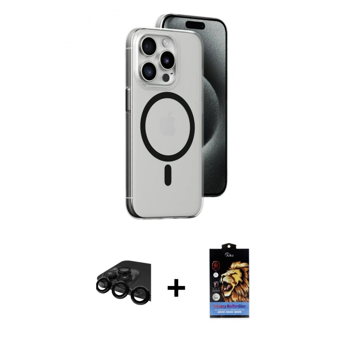 MARSİLYAN™- iPhone 15 Pro Max Kılıf Odak Form Özel Seri - Siyah Buffer Hayalet Cam Ekran Koruyucu + Siyah Raze Metal Kamera Lens