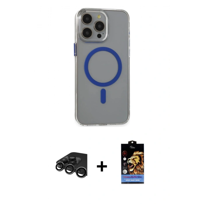 MARSİLYAN™- iPhone 15 Pro Max Kılıf Odak Form Özel Seri - Siyah Buffer Hayalet Cam Ekran Koruyucu + Titanyum Gri Raze Metal Kamera Lens