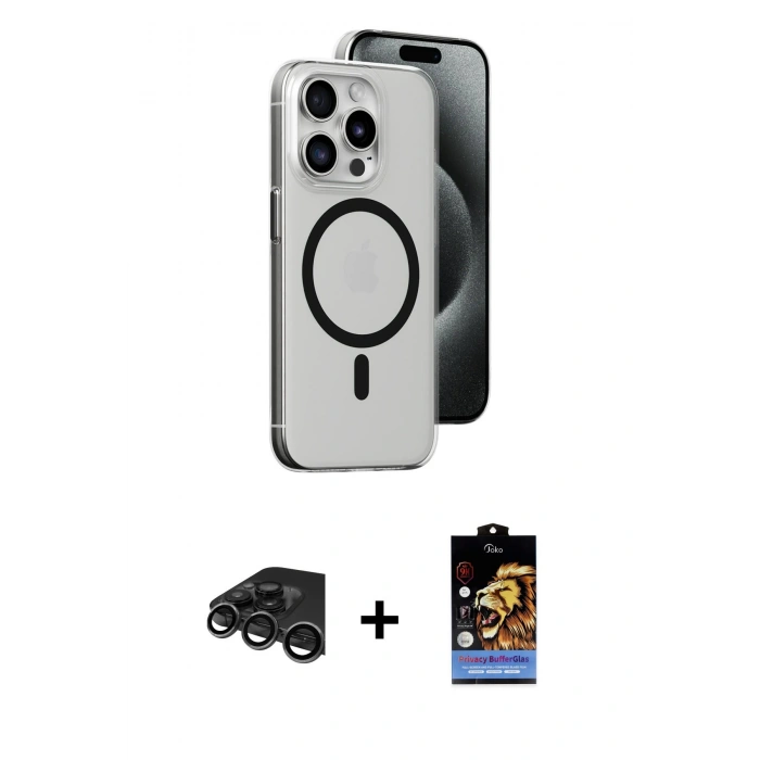 MARSİLYAN™- iPhone 15 Pro Max Kılıf Odak Form Özel Seri - Siyah Buffer Hayalet Cam Ekran Koruyucu + Titanyum Gri Raze Metal Kamera Lens