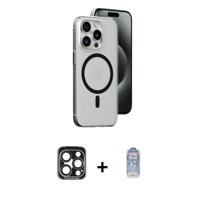 MARSİLYAN™- iPhone 15 Pro Max Kılıf Odak Form Özel Seri - Siyah Joko Magic 5D Cam + PVD Metal Kamera Lens - LT
