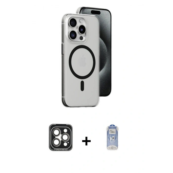 MARSİLYAN™- iPhone 15 Pro Max Kılıf Odak Form Özel Seri - Siyah Joko Magic 5D Cam + PVD Metal Kamera Lens - GI
