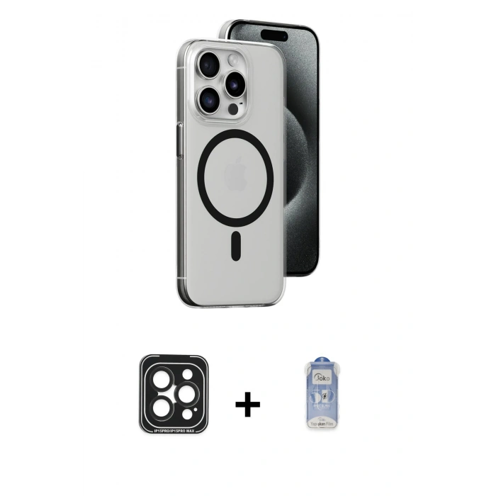 MARSİLYAN™- iPhone 15 Pro Max Kılıf Odak Form Özel Seri - Siyah Joko Magic 5D Cam + Siyah PVD Metal Kamera Lens