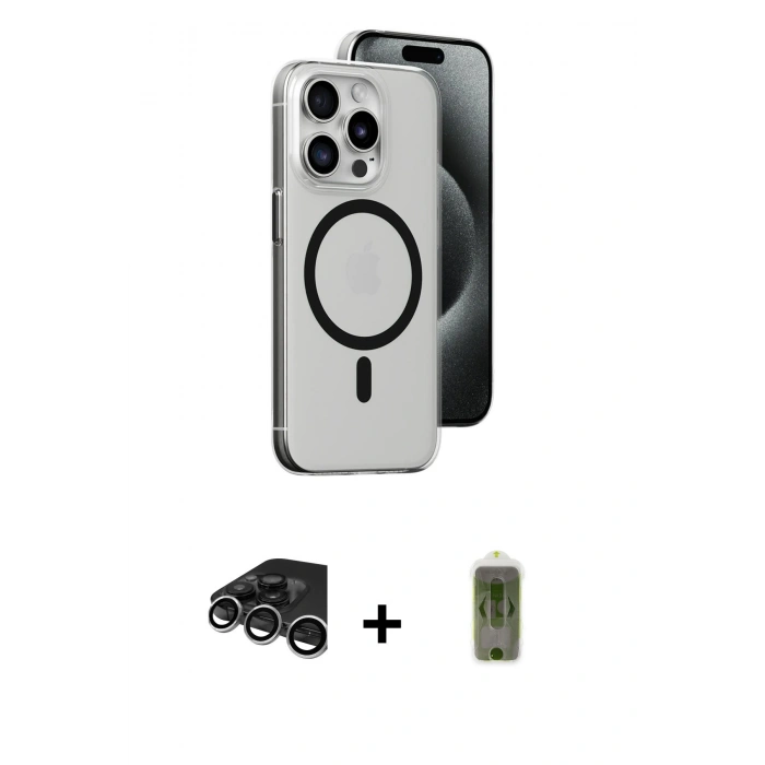 MARSİLYAN™- iPhone 15 Pro Max Kılıf Odak Form Özel Seri - Siyah Joko Magic 5D Hayalet Cam + Raze Metal Kamera Lens - GS
