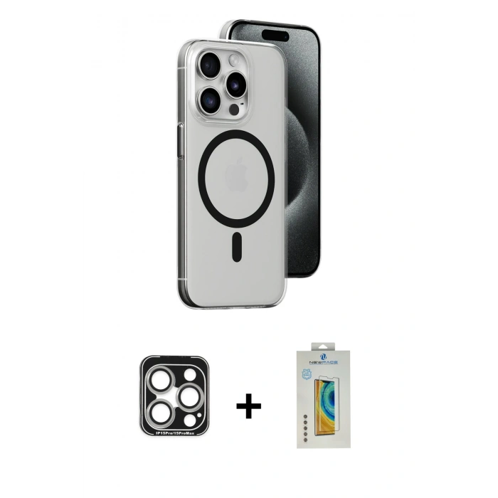 MARSİLYAN™- iPhone 15 Pro Max Kılıf Odak Form Özel Seri - Siyah Polymer Nano Ekran Koruyucu + PVD Metal Kamera Lens - GS