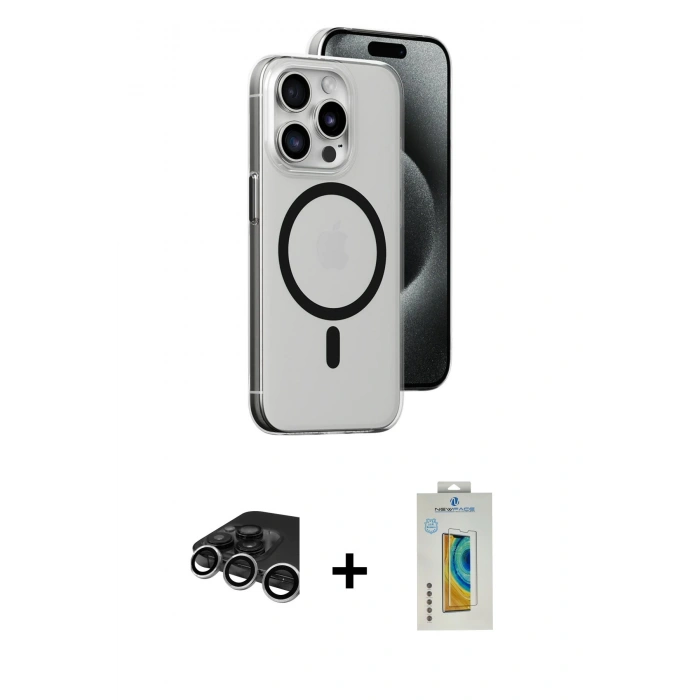 MARSİLYAN™- iPhone 15 Pro Max Kılıf Odak Form Özel Seri - Siyah Polymer Nano Ekran Koruyucu + Raze Metal Kamera Lens - GS