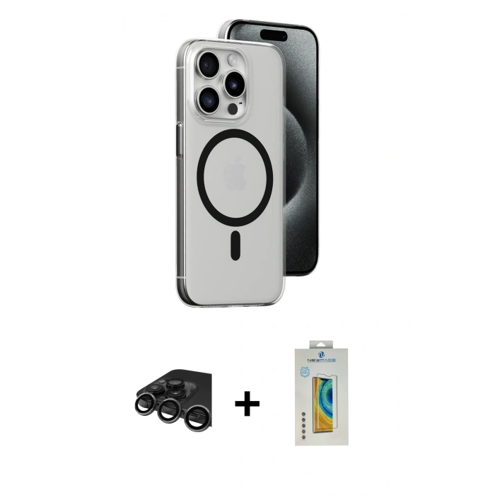 MARSİLYAN™- iPhone 15 Pro Max Kılıf Odak Form Özel Seri - Siyah Polymer Nano Ekran Koruyucu + Raze Metal Kamera Lens - TMGI