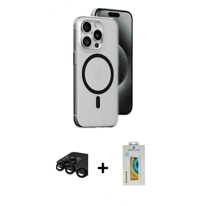 MARSİLYAN™- iPhone 15 Pro Max Kılıf Odak Form Özel Seri - Siyah Polymer Nano Ekran Koruyucu + Raze Metal Kamera Lens - SH