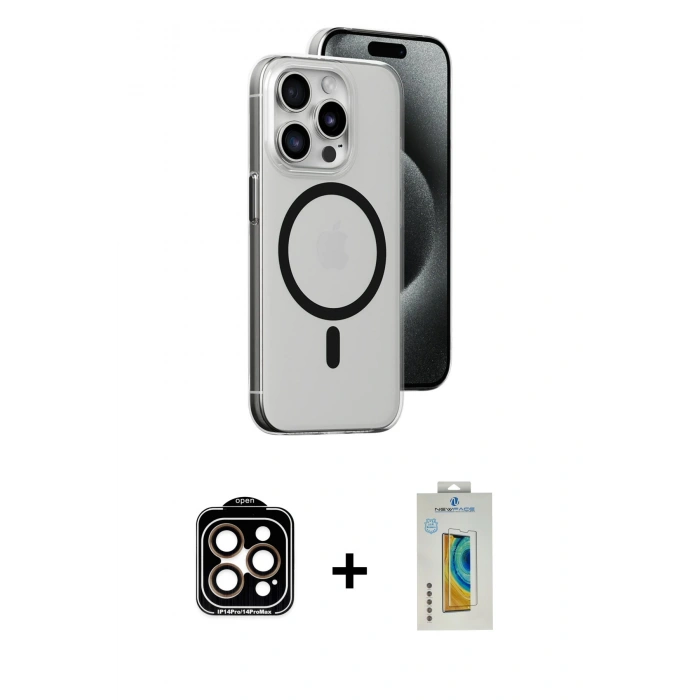 MARSİLYAN™- iPhone 15 Pro Max Kılıf Odak Form Özel Seri - Siyah Polymer Nano Ekran Koruyucu + PVD Metal Kamera Lens - TU