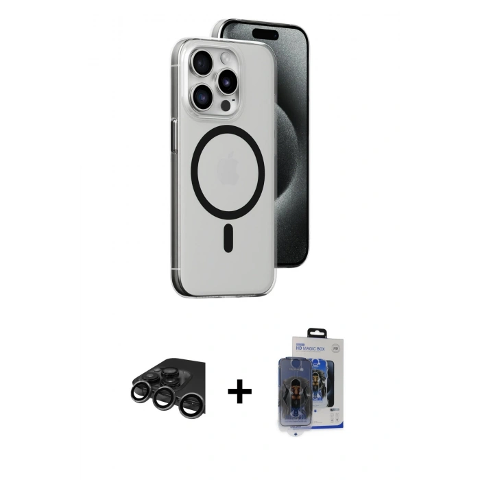 MARSİLYAN™- iPhone 15 Pro Max Kılıf Odak Form Özel Seri - Siyah Vanessa Magic Cam + Raze Metal Kamera Lens - TMGI