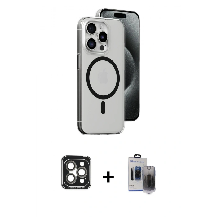 MARSİLYAN™- iPhone 15 Pro Max Kılıf Odak Form Özel Seri - Siyah Vanessa Magic Hayalet Cam + PVD Metal Kamera Lens - GI