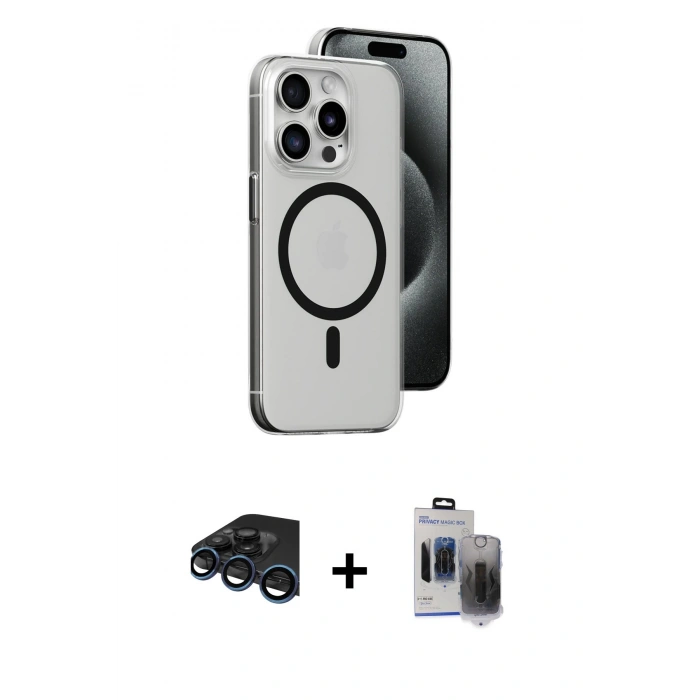 MARSİLYAN™- iPhone 15 Pro Max Kılıf Odak Form Özel Seri - Siyah Vanessa Magic Hayalet Cam + Raze Metal Kamera Lens - LT