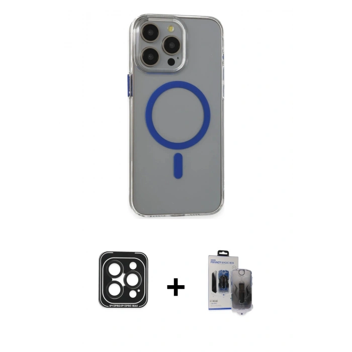 MARSİLYAN™- iPhone 15 Pro Max Kılıf Odak Form Özel Seri - Siyah Vanessa Magic Hayalet Cam + PVD Metal Kamera Lens - SH