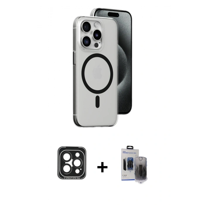MARSİLYAN™- iPhone 15 Pro Max Kılıf Odak Form Özel Seri - Siyah Vanessa Magic Hayalet Cam + PVD Metal Kamera Lens - SH