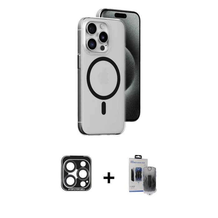 MARSİLYAN™- iPhone 15 Pro Max Kılıf Odak Form Özel Seri - Siyah Vanessa Magic Hayalet Cam + PVD Metal Kamera Lens - LT