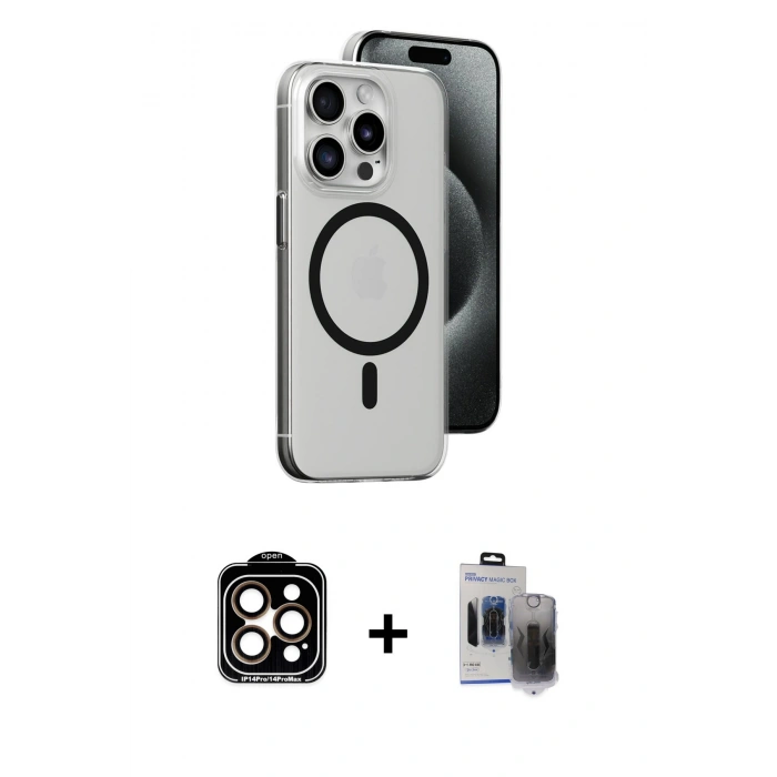 MARSİLYAN™- iPhone 15 Pro Max Kılıf Odak Form Özel Seri - Siyah Vanessa Magic Hayalet Cam + PVD Metal Kamera Lens - TU