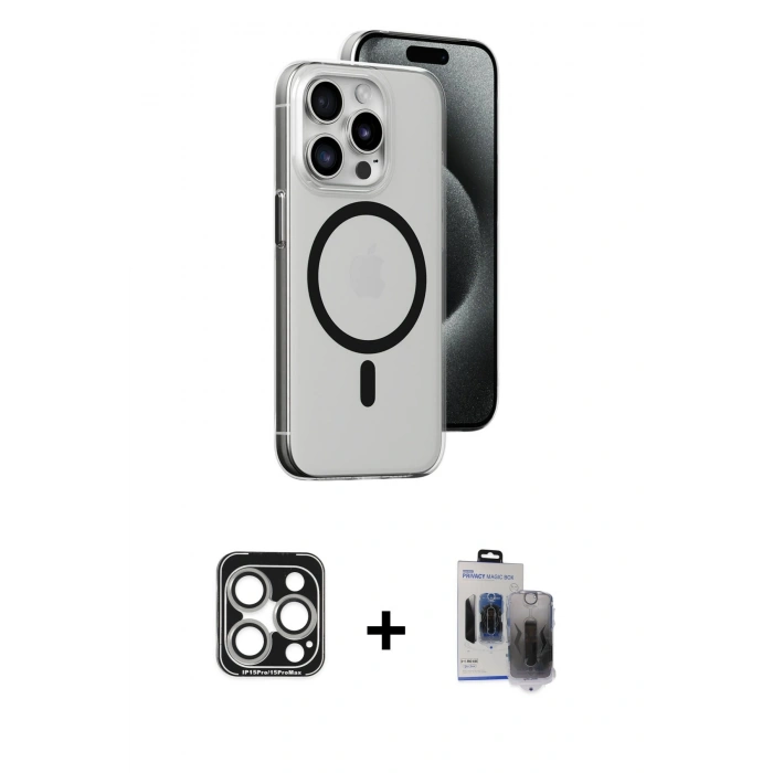 MARSİLYAN™- iPhone 15 Pro Max Kılıf Odak Form Özel Seri - Siyah Vanessa Magic Hayalet Cam + PVD Metal Kamera Lens - GS